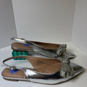 BCBGeneration Metallic Silver Slingback Flats with Embellished Bow. NWOT.